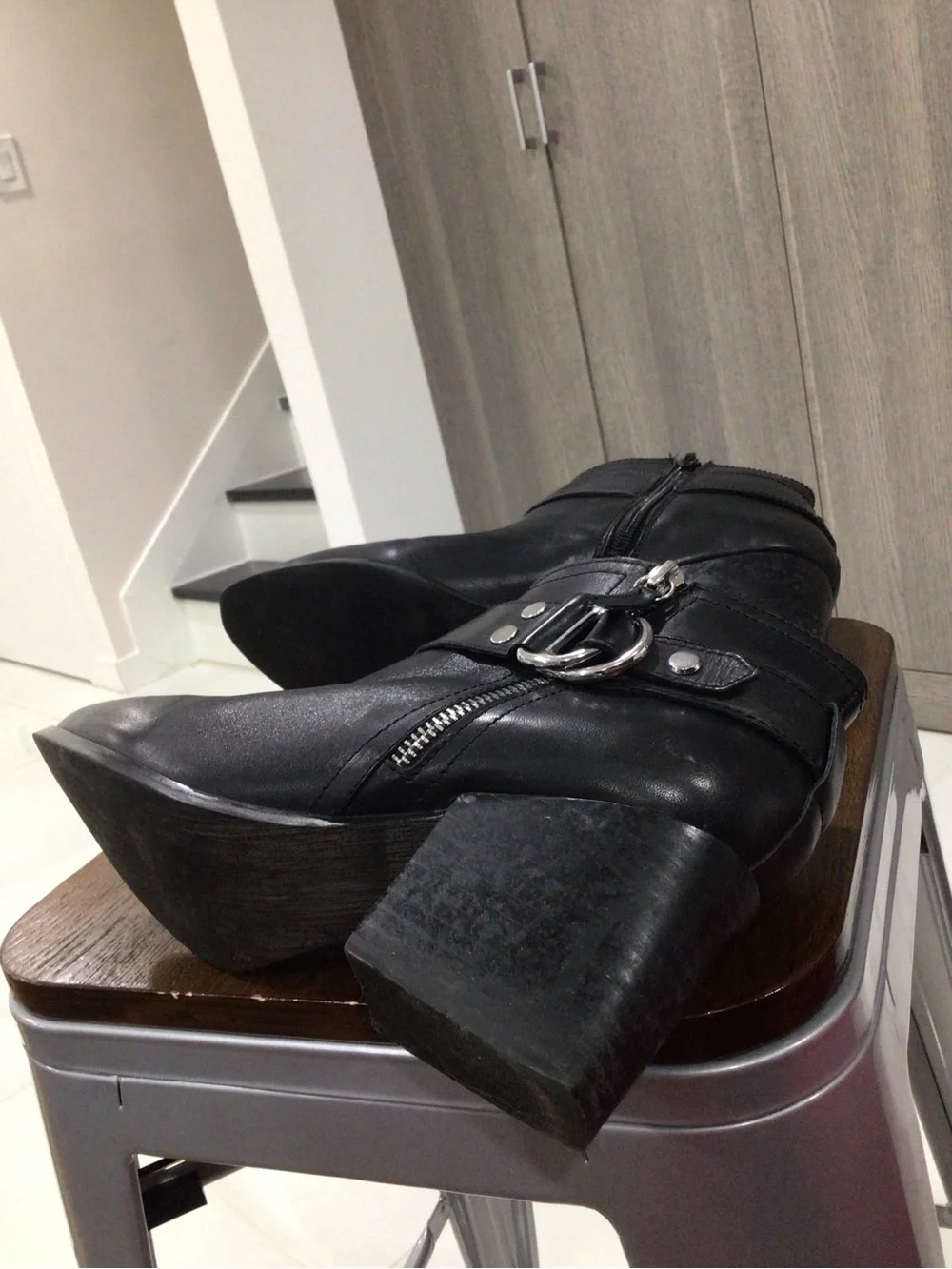 Marc Fisher Black Pointed Leather Ankle Booties with Buckle